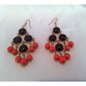 Vintage Bohemian Chandelier Earrings With Black & Red Beads